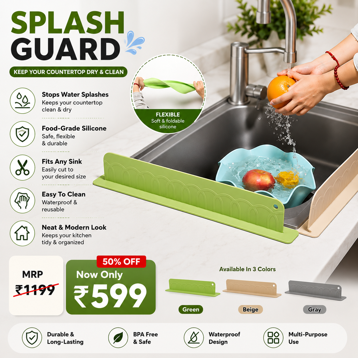 Silicone Splash Guard For Kitchen Sink (Assorted colour)