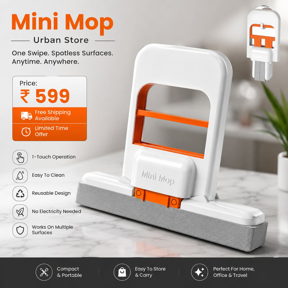 Mini Foldable Squeeze Mop Pro – Compact, Portable & Effortless Cleaning